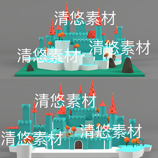 欧式 c4d fbx obj格式 非实物D406 卡通城堡城池建筑模型文件