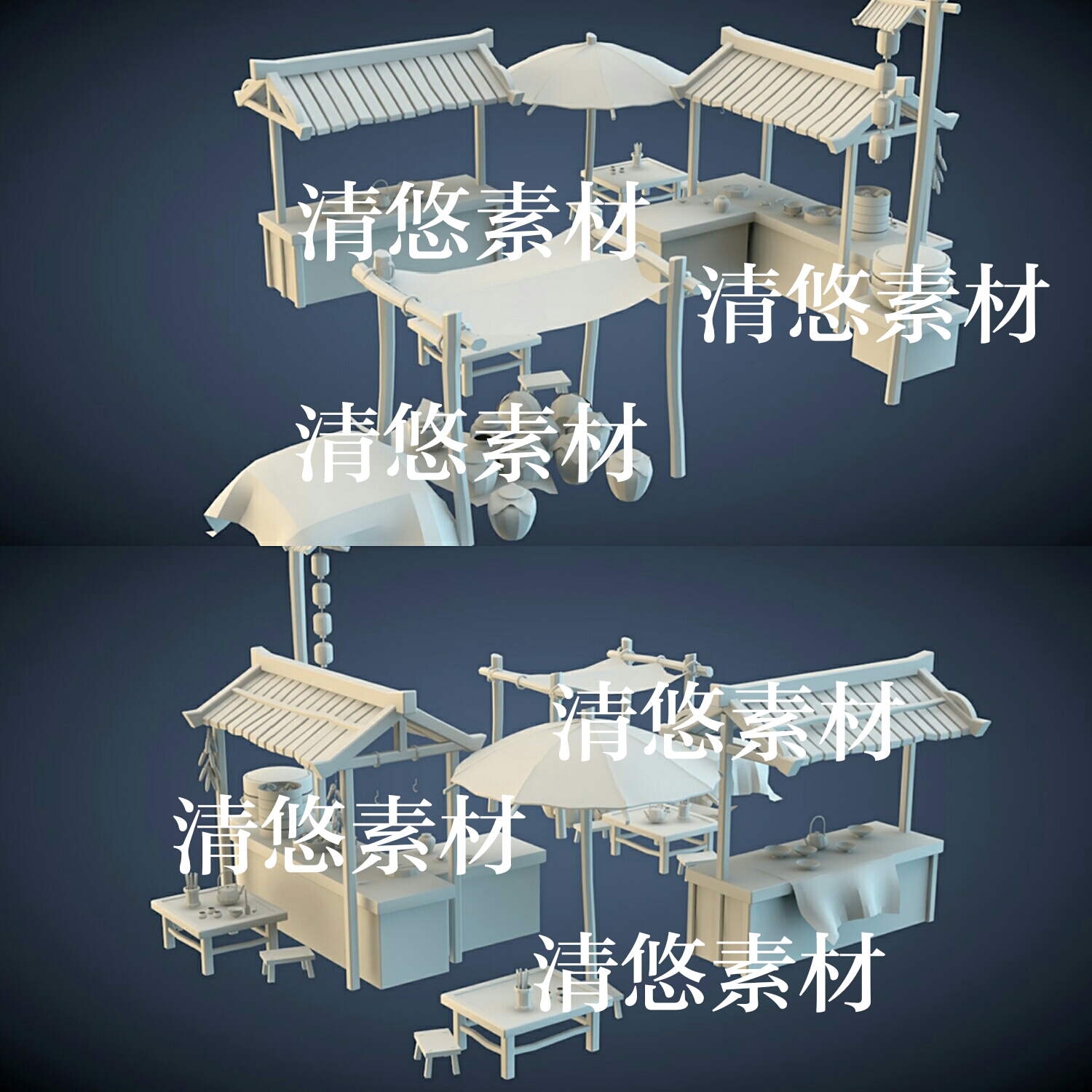 古代茶水摊位包子铺桌子3dmax c4d fbx obj格式模型 非实物A407