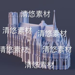 欧式 c4d fbx obj格式 非实物D964 教堂城堡建筑模型文件