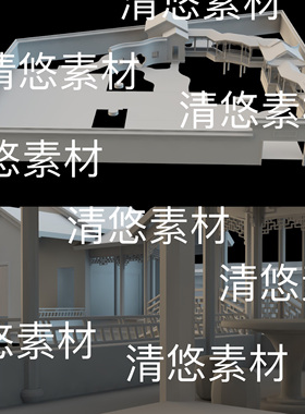 c4d fbx obj 3ds格式中式古风场景庭院长廊围墙文件 非实物B674