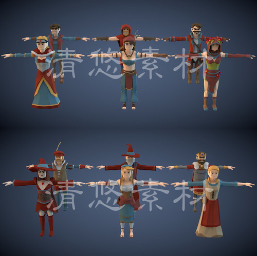 12个 unity maya c4d fbx卡通中世纪风格人物模型骨骼绑定男女A34