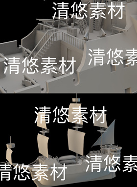 su c4d fbx obj 3ds格式古代战船帆船木船大炮文件 非实物B492
