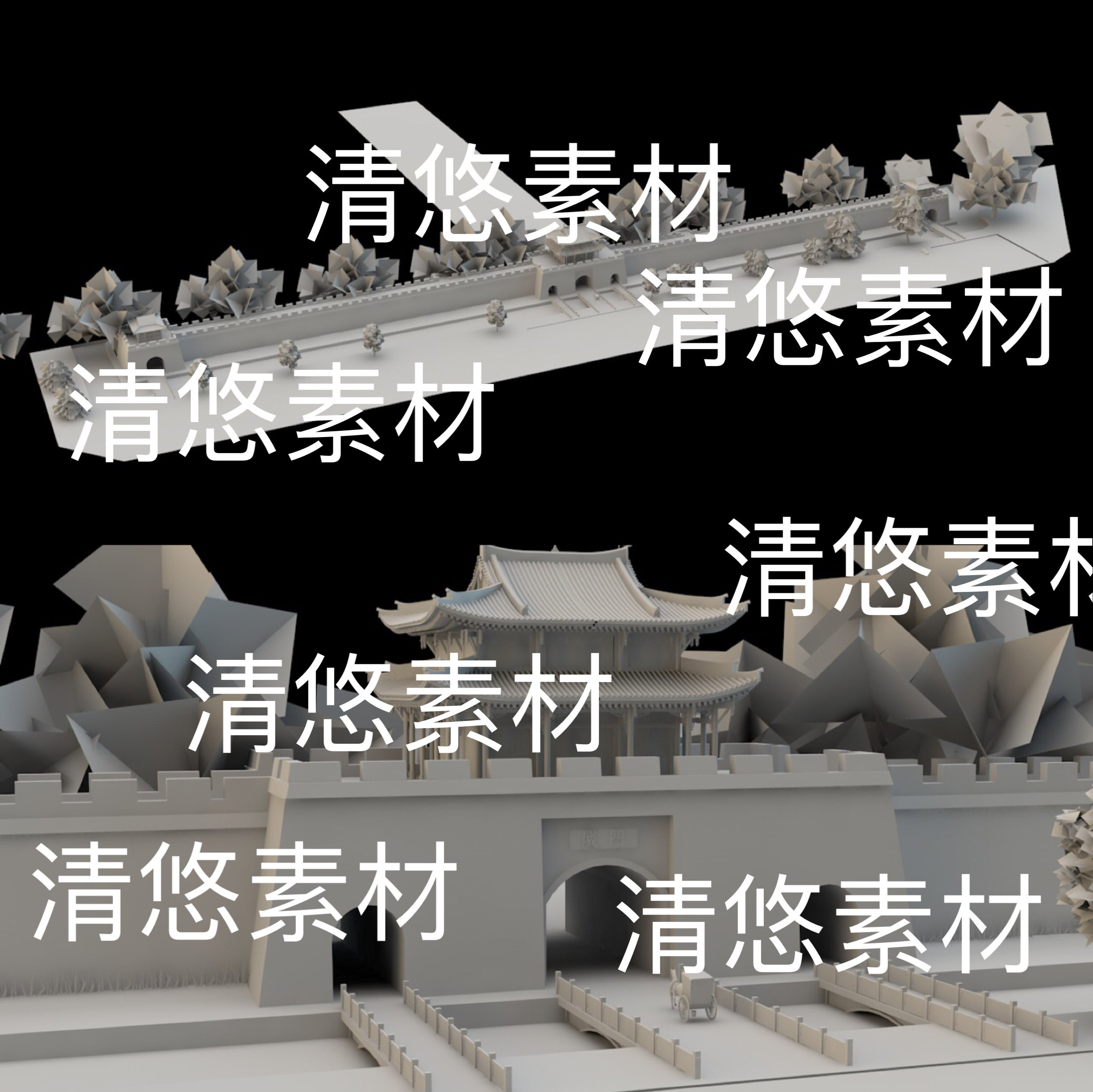 su c4d fbx obj 3ds格式古风古代城墙城门场景文件 非实物b548