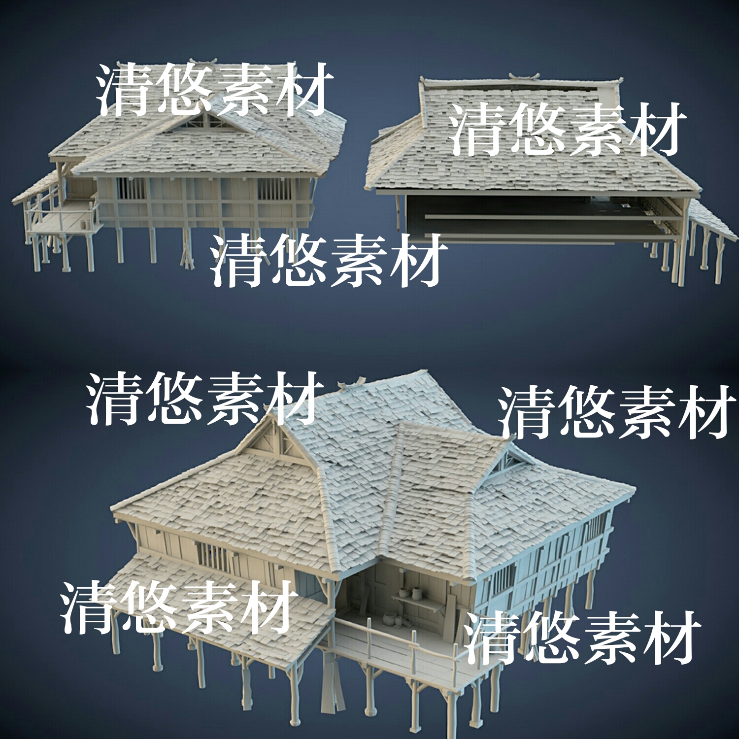 3dmax c4d fbx obj格式傣族山寨房子建筑瓦片模型文件 非实物A882