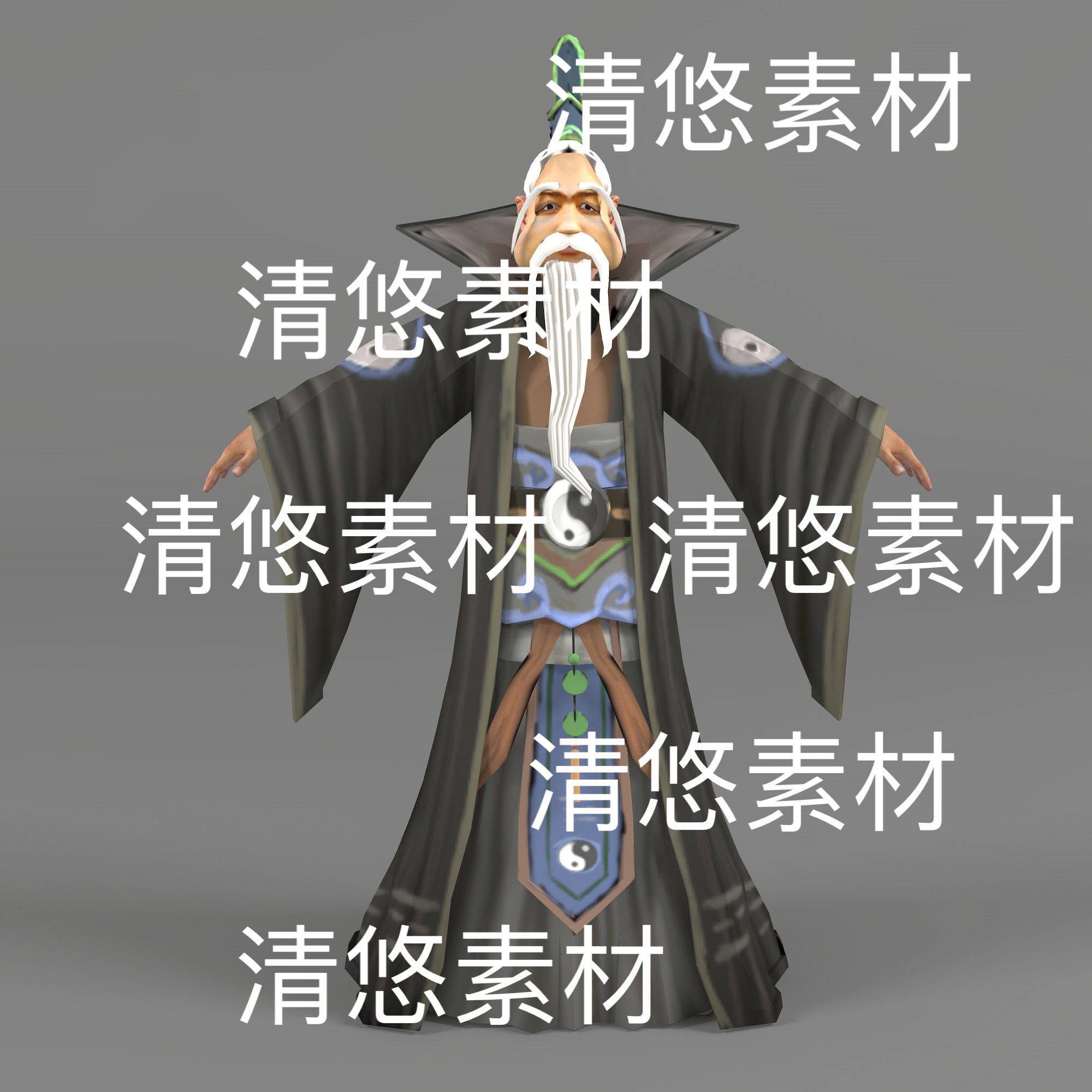 低模仙侠武侠老头人物c4d fbx绑定obj古风道士文件 非实物E157