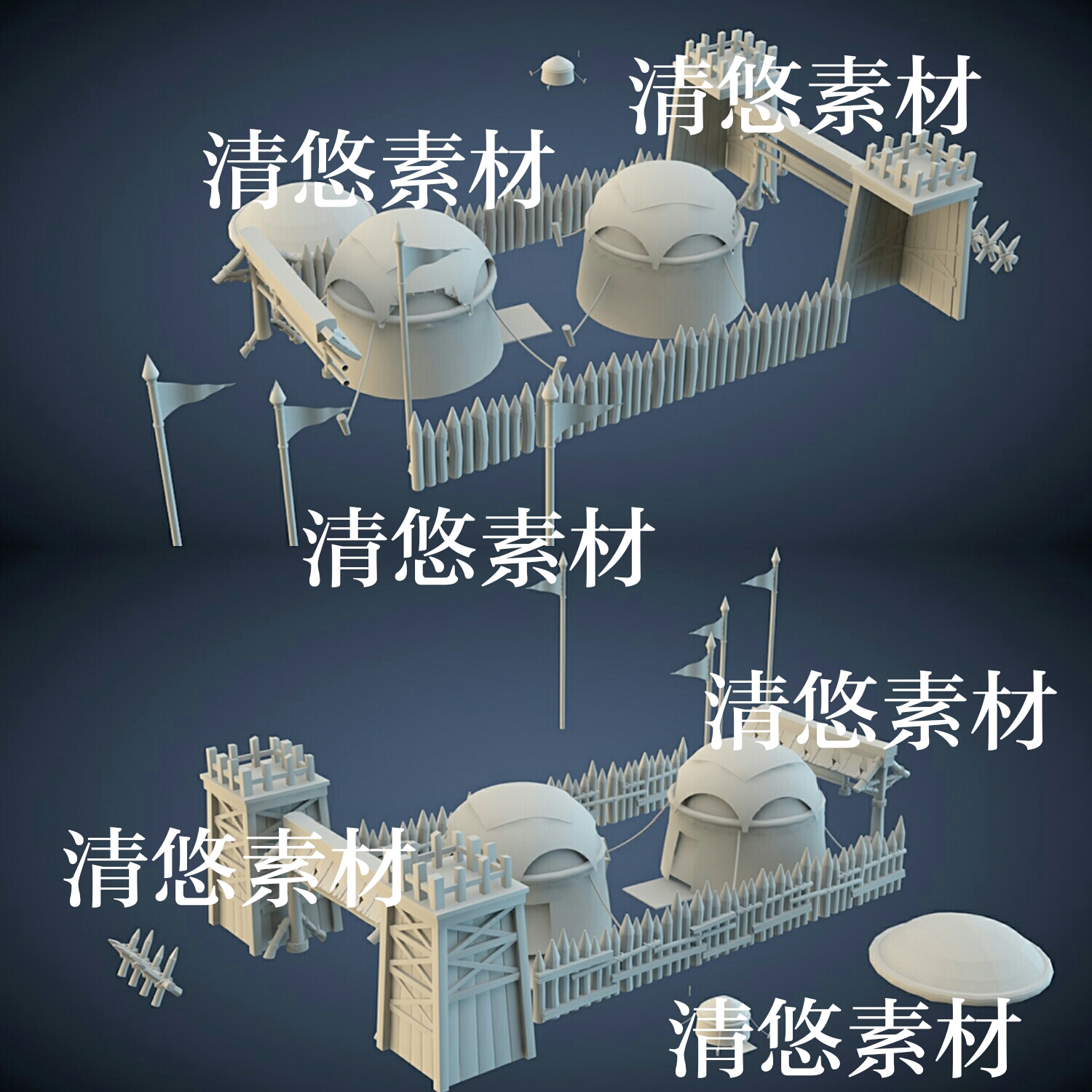 3dmax c4d fbx obj格式古代山寨军营蒙古包栅栏文件 非实物A864