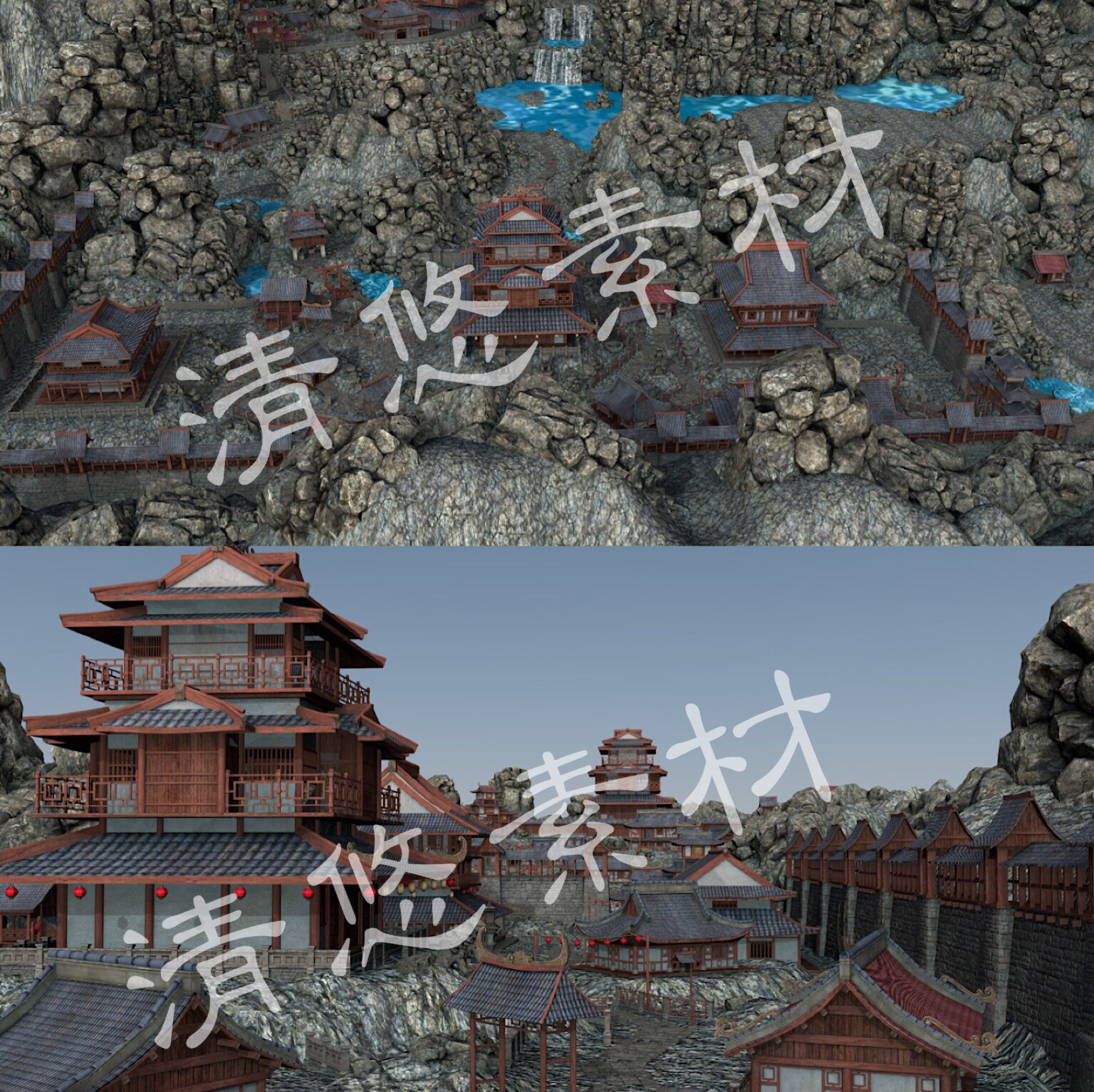 大型古风建筑完整游戏场景unity maya c4d fbx模型城池岩石 898