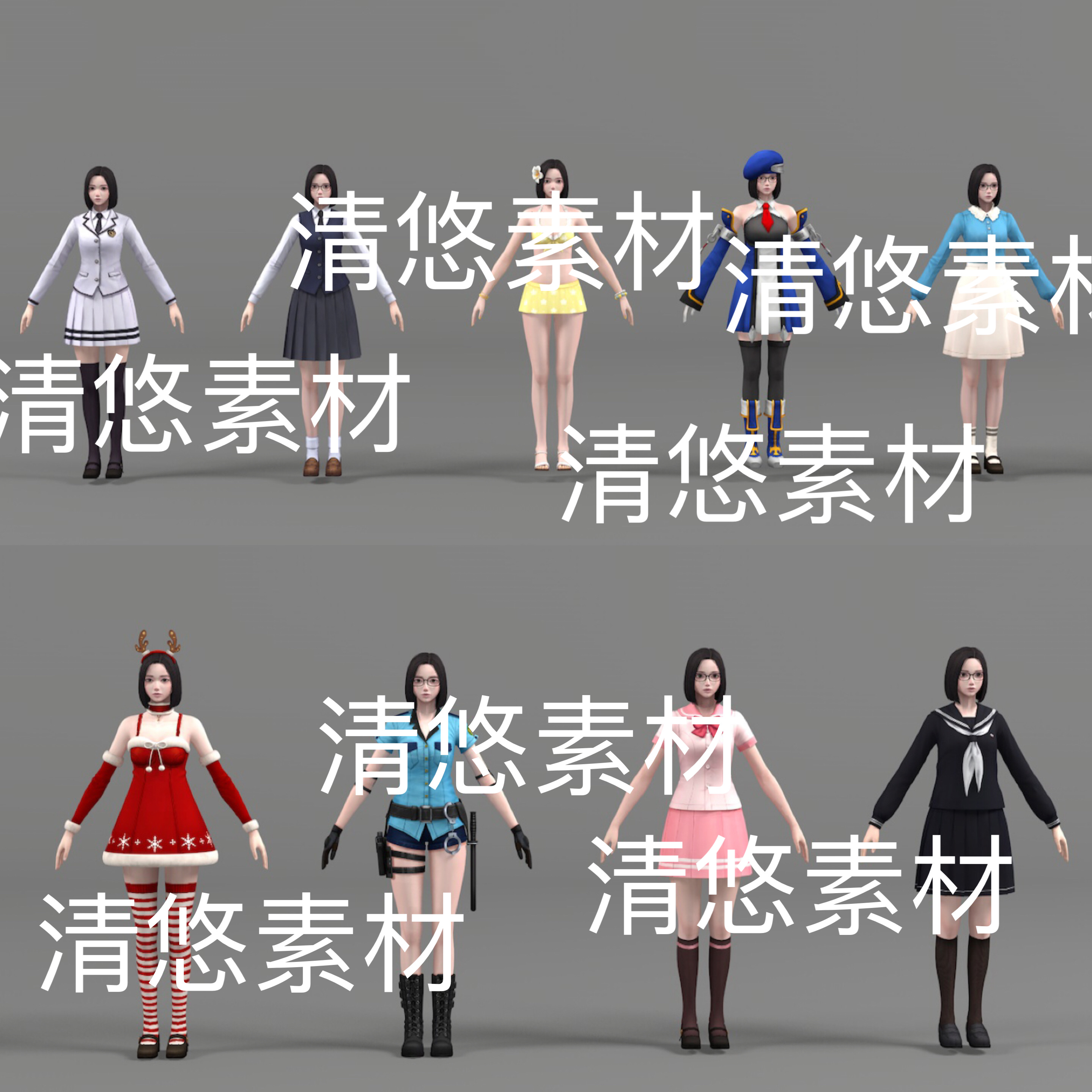 日韩亚洲圣诞裙装校服人物c4d fbx obj格式美女文件非实物E178