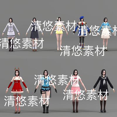 日韩亚洲圣诞裙装校服人物c4d fbx obj格式美女文件 非实物E178