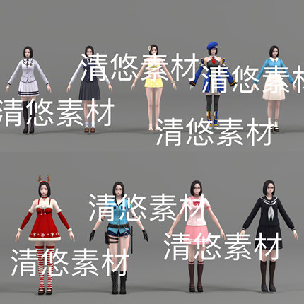 日韩亚洲圣诞裙装校服人物c4d fbx obj格式美女文件 非实物E178