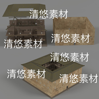 低模c4d fbx格式古建筑四方围屋福建土楼振建筑文件 非实物E116