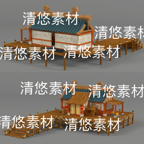 3dmax c4d fbx obj格式古建卡通Q版河边小屋房子文件 非实物D163