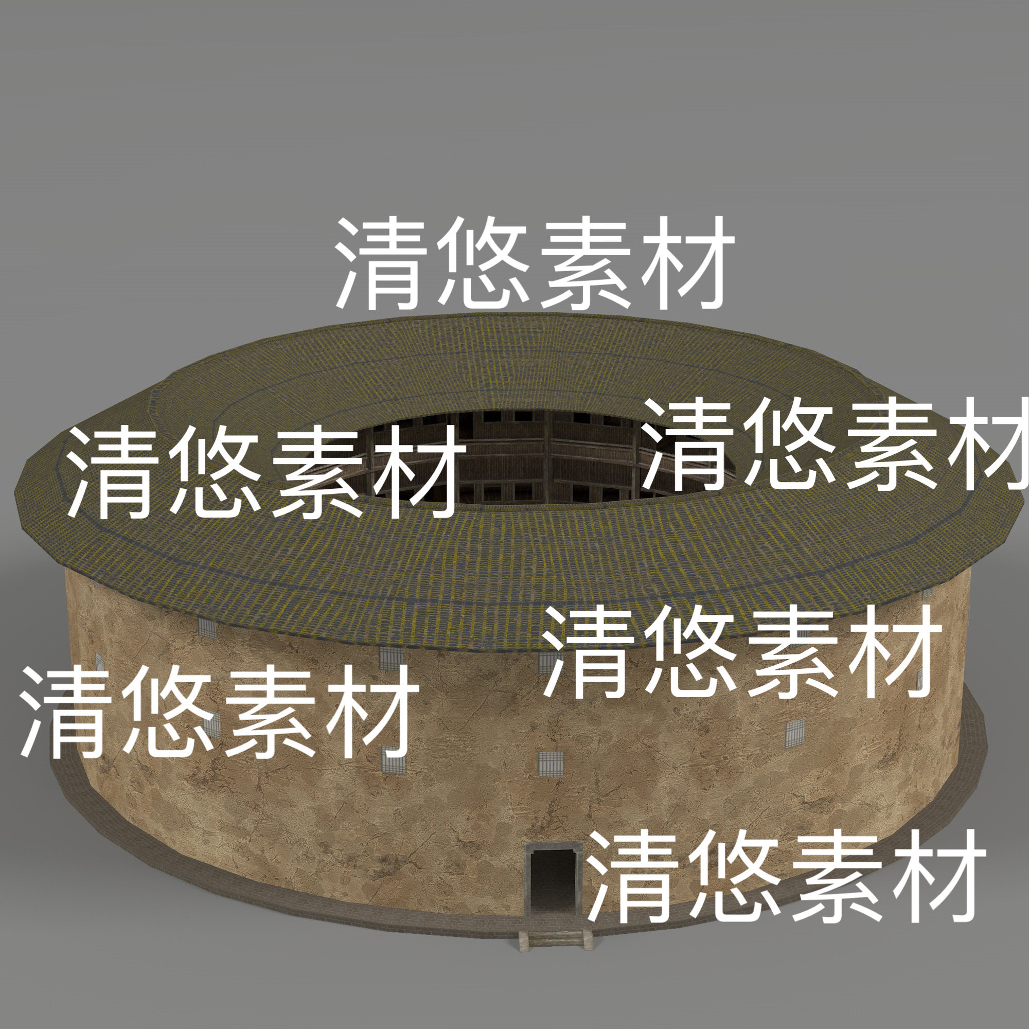 低模c4d古建筑模型fbx格式福建圆形土楼振建筑obj格式 非实物E115