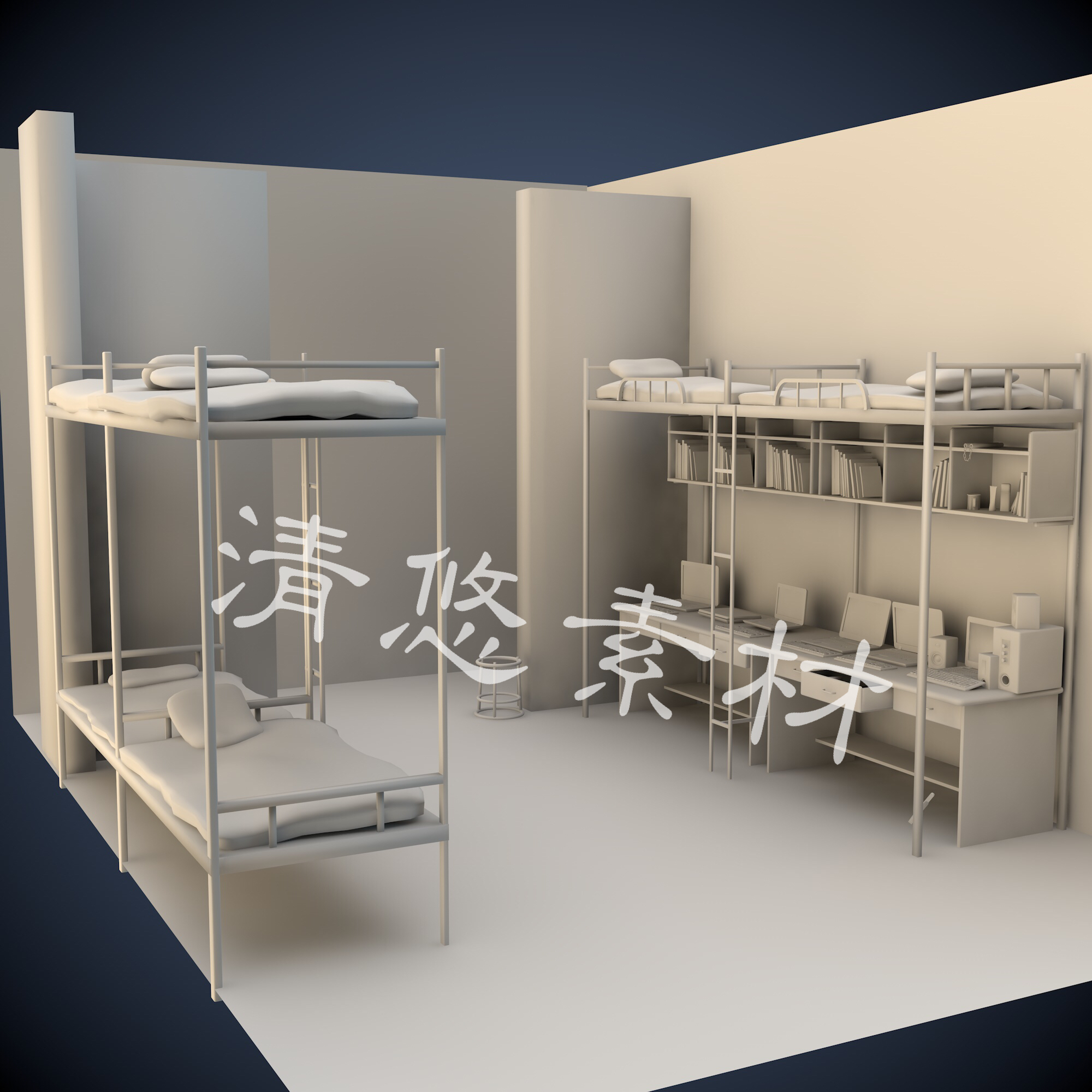 学生宿舍上下铺寝室笔记本场景道具maya c4d fbx obj格式模型A210