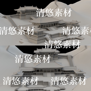 c4d obj格式 唐代古风斗拱大殿连廊地形场景文件 非实物B179 fbx