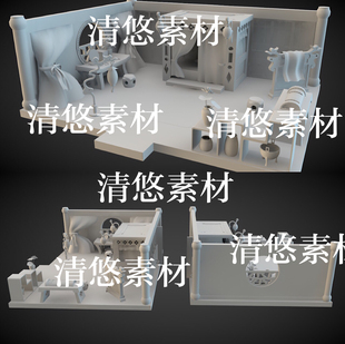 obj格式 3dmax c4d fbx 非实物B16 古风卡通房间闺房桌椅床琴文件