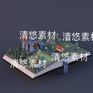 c4d fbx obj格式卡通城市城堡书本上的城镇模型文件 非实物D960