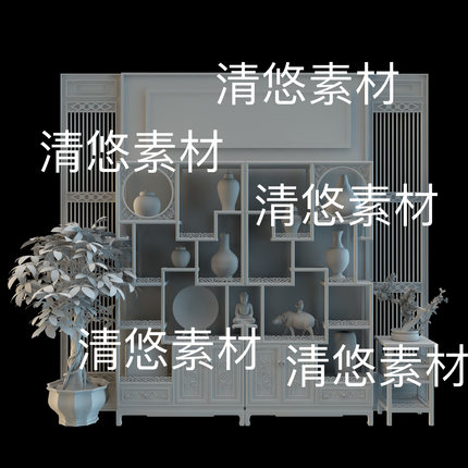 3dsmax c4d fbx obj格式古风博古架盆栽瓶子摆件文件 非实物B476