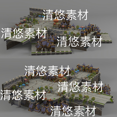 c4d fbx obj格式简模卡通西方欧式建筑游戏场景文件 非实物D341