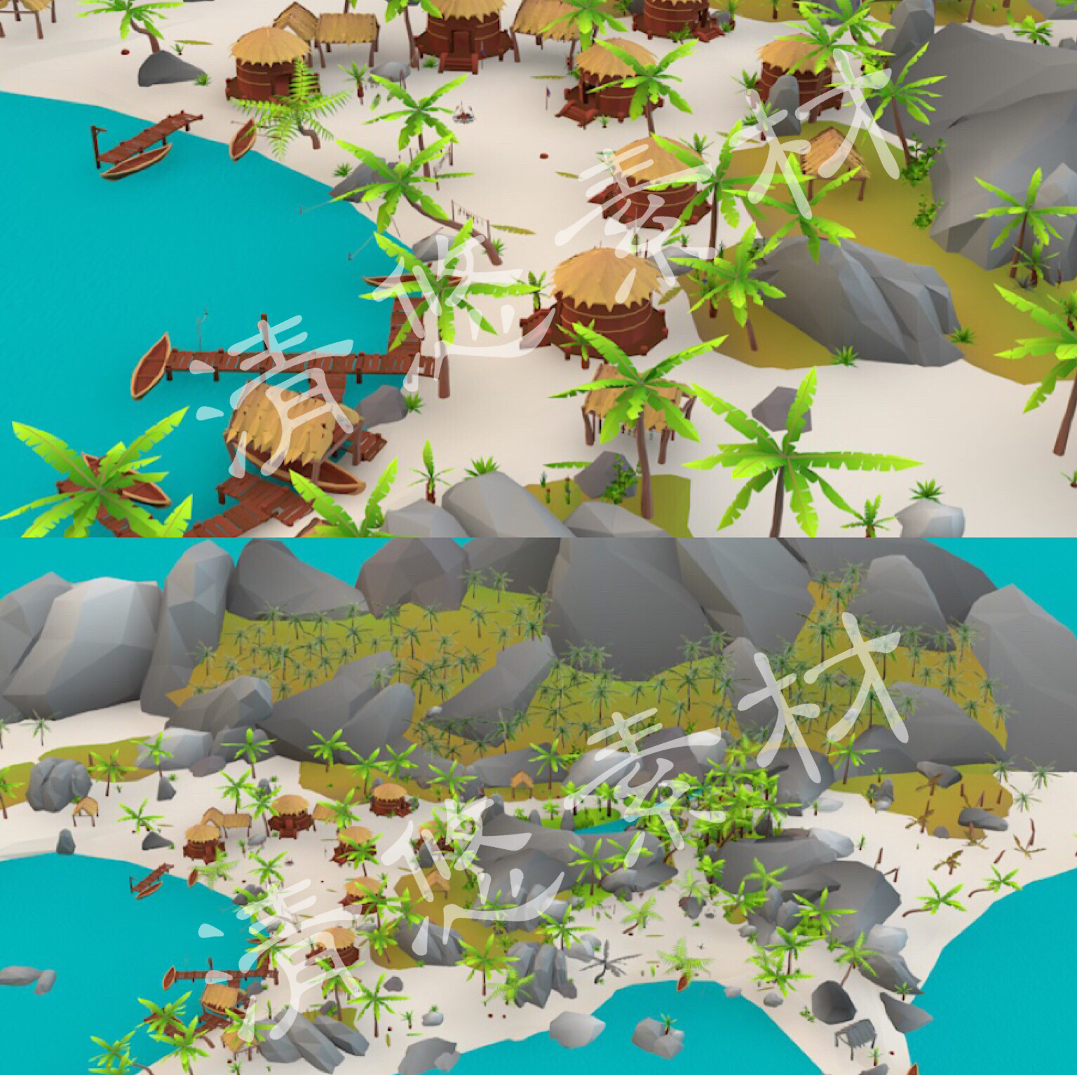 c4d fbx场景模型卡通热带岛屿海岛小船草棚木屋海边沙滩989