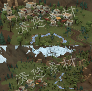 unity c4d fbx多边形卡通低模场景模型村庄河流树林雪山 998 maya