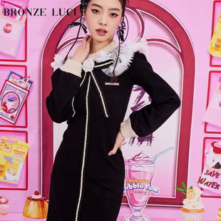 女秋季 小黑裙子2024新款 Lucia复古丝绒蝴蝶结娃娃领单法式 Bronze