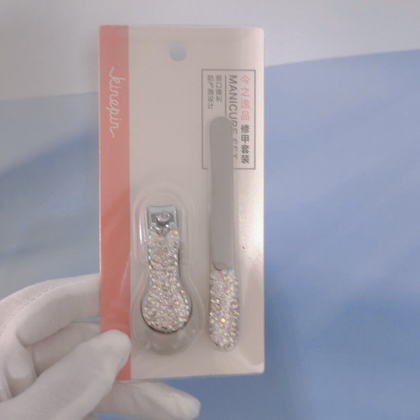 안티 스플래시 다이아몬드 박힌 새로운 스테인레스 스틸 손톱깎이 손톱깎이 네일 파일 매니큐어 세트 2 피스 세트