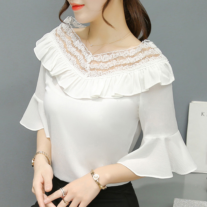 漫娜兒2020秋季新款喇叭短袖花邊雪紡襯衫女韓版顯瘦甜美上衣襯衣在類目 女裝/女士精品, 襯衫中 - 來自Buy2taobao.com提供專業的淘寶代購服務