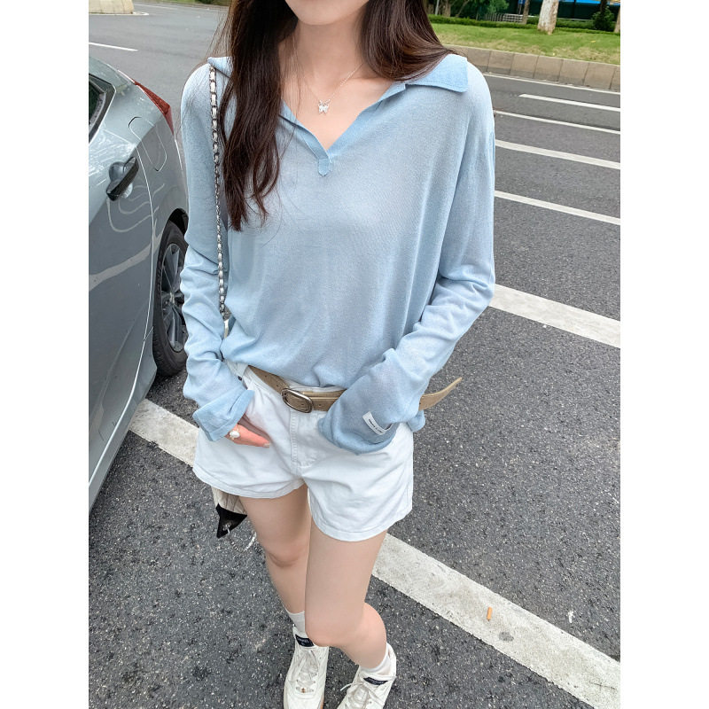韩版翻领蓝色薄款防晒罩衫长袖T恤女新款休闲宽松显瘦Polo衫上衣