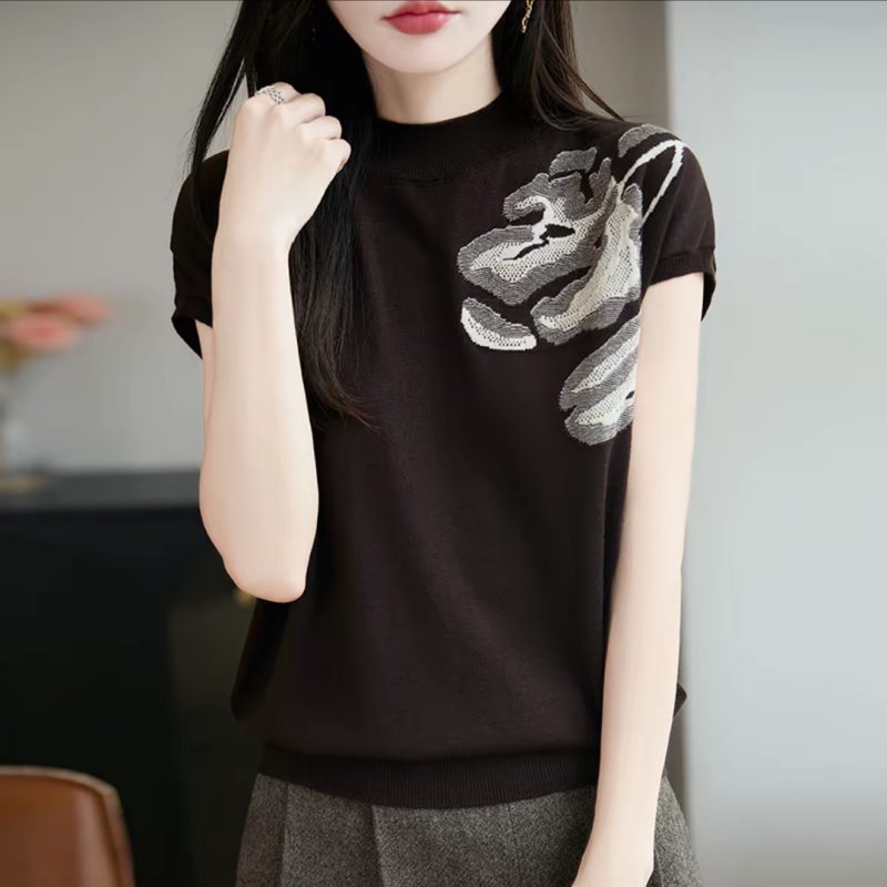 夏季大码半高领女士短袖t恤遮肚子显瘦上衣内搭针织打底衫