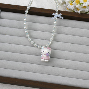 新款儿童立体玩偶KT猫咪项链少女风百搭锁骨链彩晶串珠珍珠项饰品