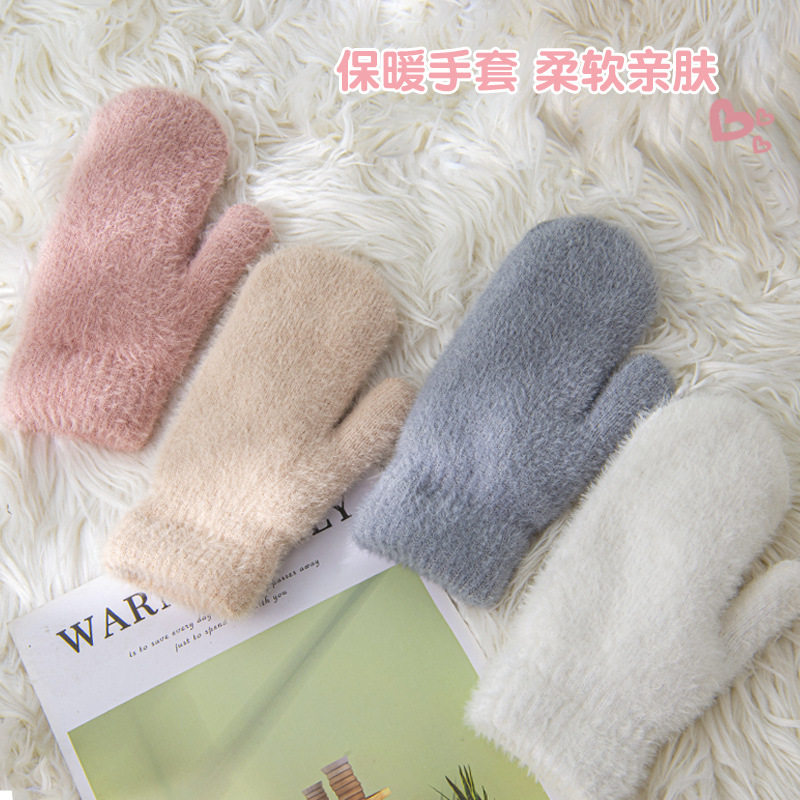 保暖手套女秋冬季户外防寒骑行学生可爱纯色日系针织毛线连指手套