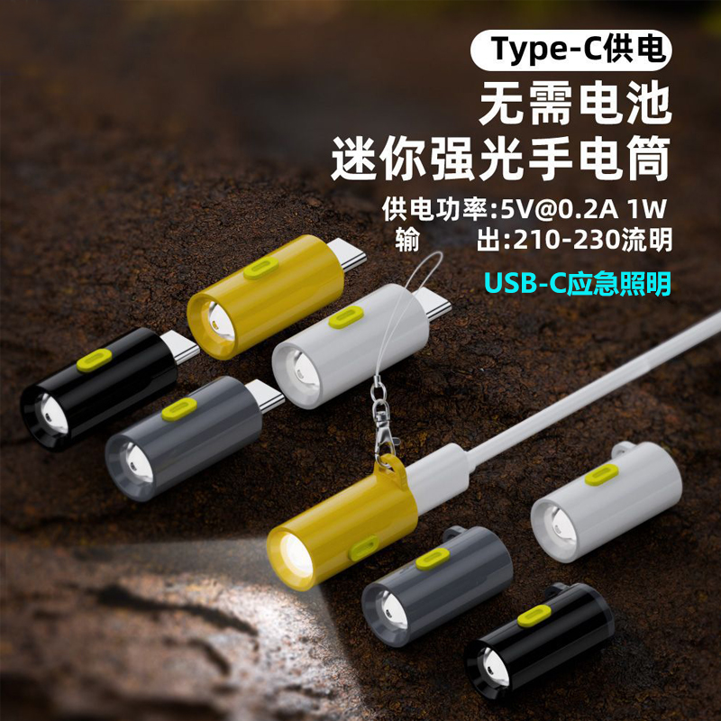 USB应急照明小灯具户外旅行夜晚野外室内随身TypeC小手电筒手机充电宝外接照明灯Mini便携式带挂绳免充电强光