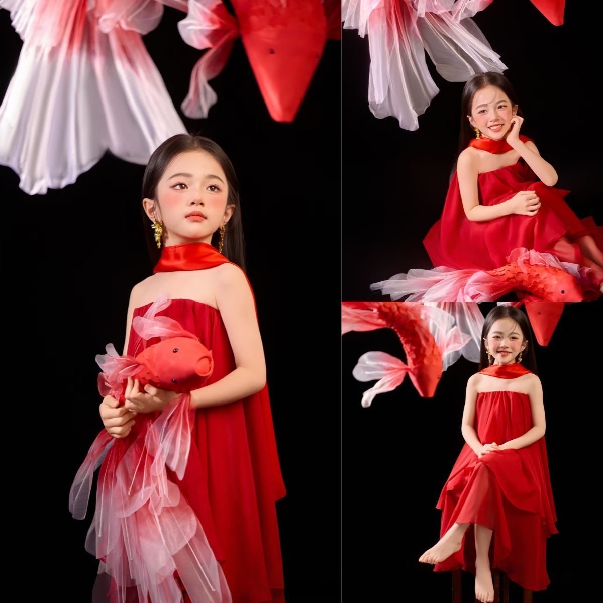红色锦鲤儿童拍照衣服新中式飘带抹胸连衣裙气质优雅礼服儿童摄影,童装/婴儿装/亲子装,连衣裙,淘宝优惠券,粉丝福利购,淘宝优惠卷
