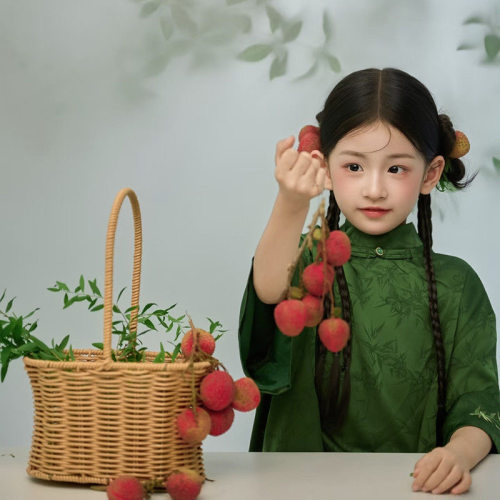复古新中式立领盘扣绿色上衣套装清汉女设计儿童摄影潮拍影楼道具