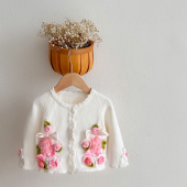 2024婴儿针织毛线上衣女宝手工钩花毛衣秋季 外套 女童洋气花朵开衫