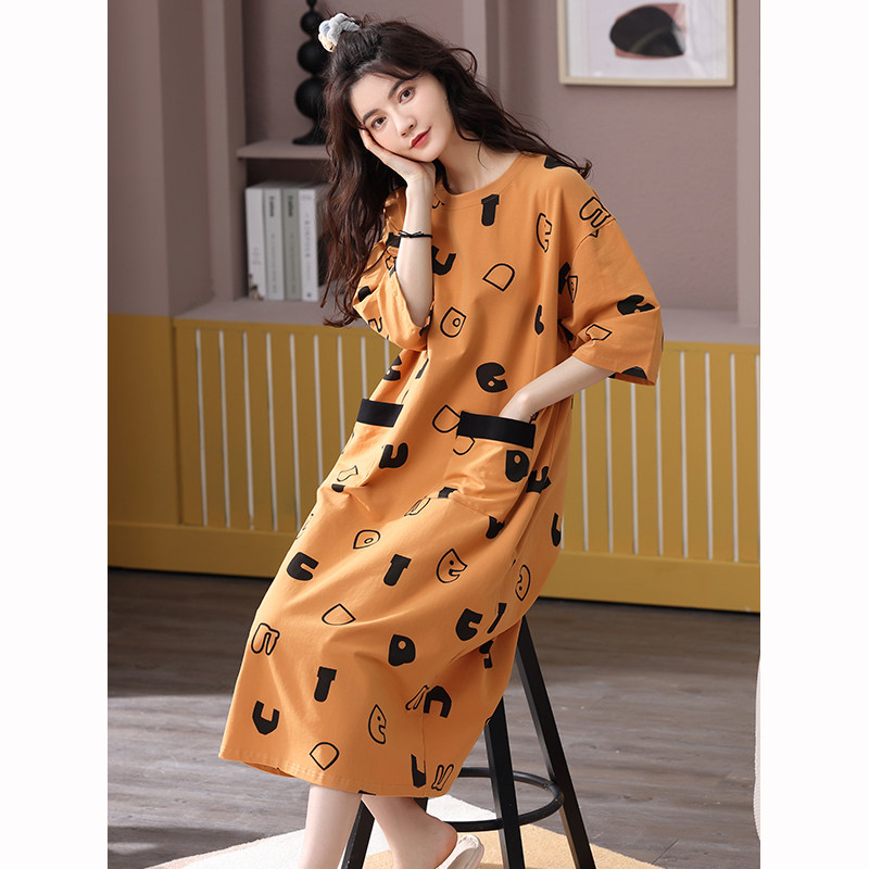 2021新款睡裙女春夏纯棉宽松长款过膝连体睡衣夏季短袖家居服薄款