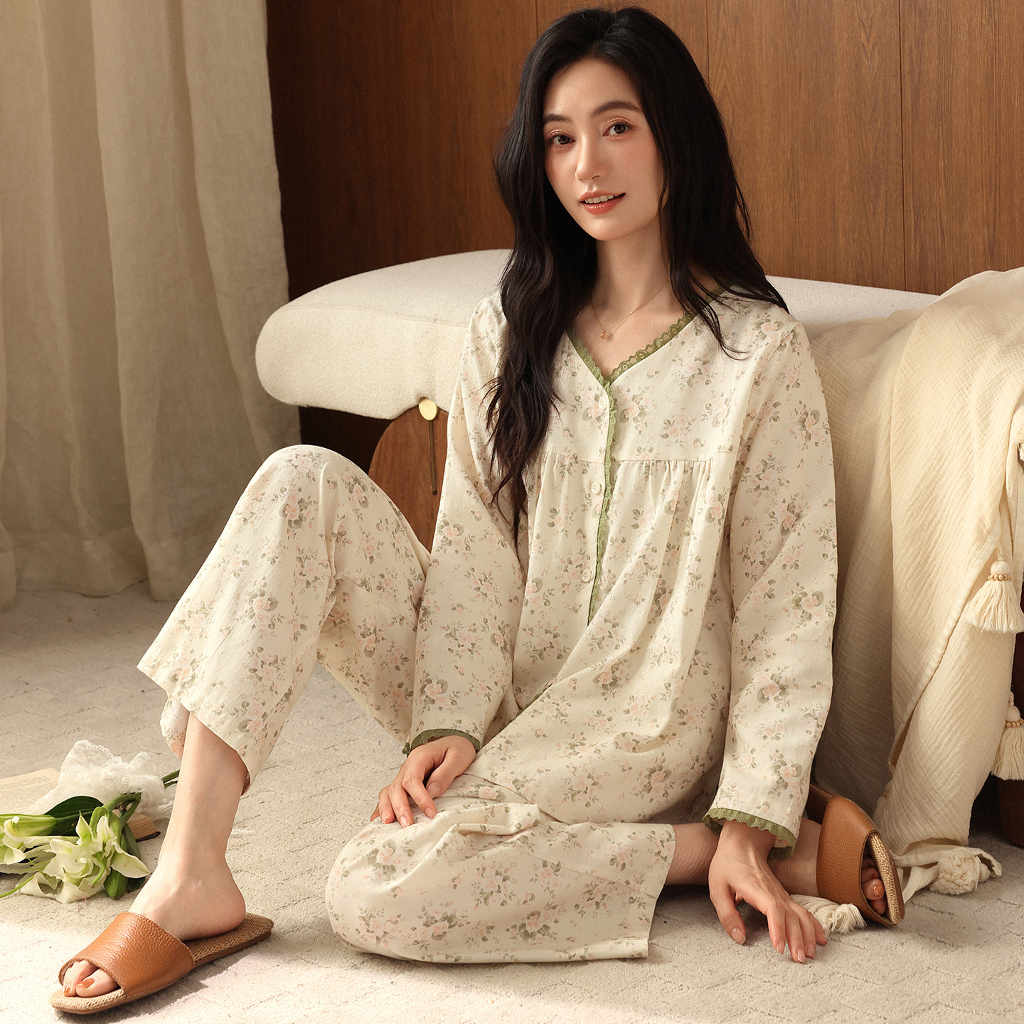 康汝雅春秋季纯棉可外穿女家居服