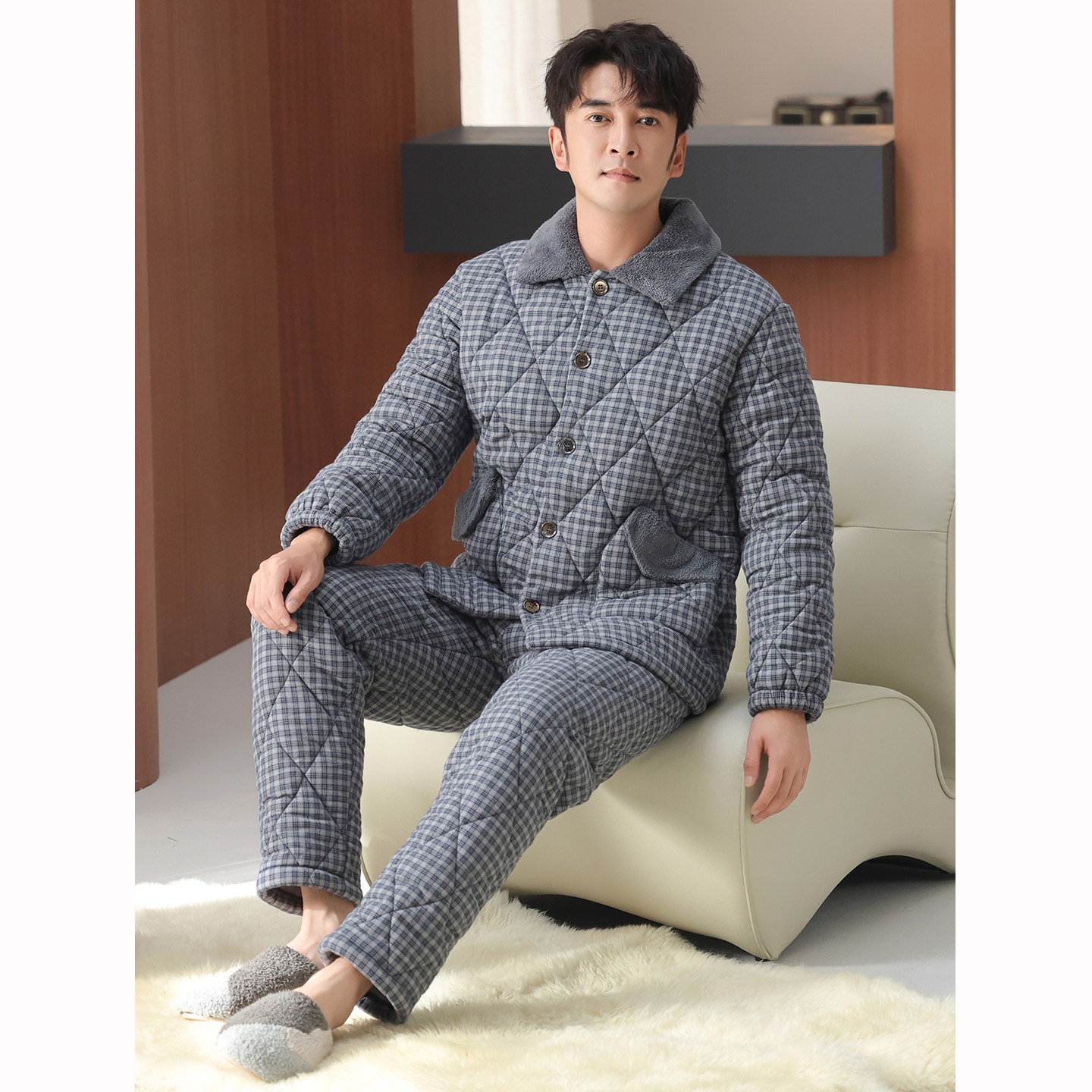 男士棉袄睡衣25冬季新款纯棉布珊瑚绒夹棉三层加厚格子宽松家居服