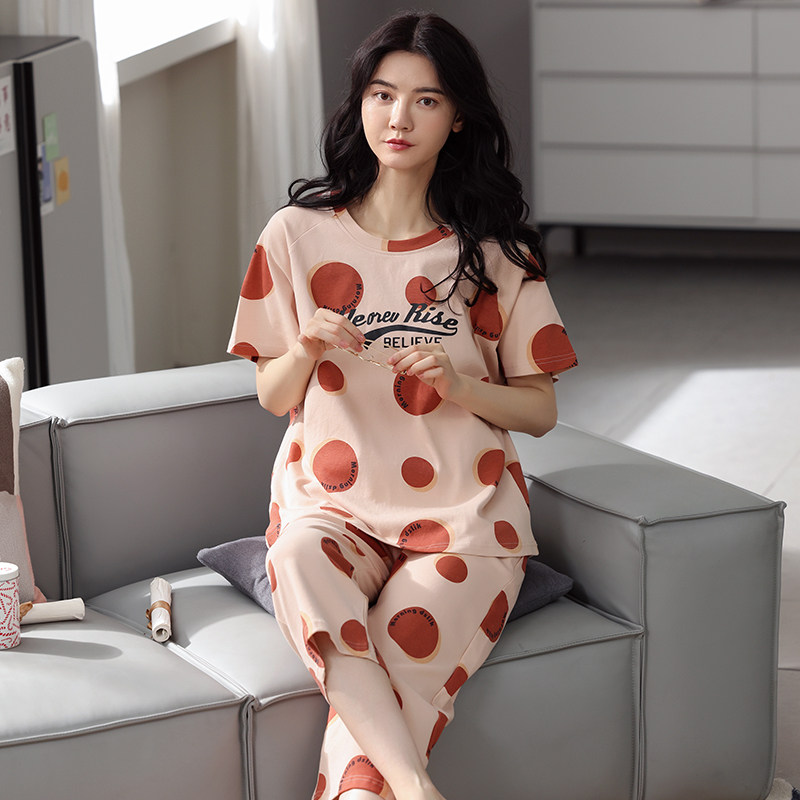 女士睡衣夏季短袖七分长裤纯棉休闲时尚家居服春秋款套装中年妈妈