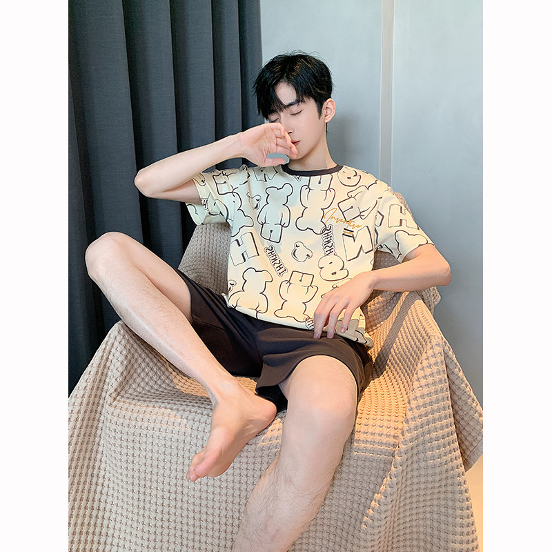 睡衣男夏季新款纯棉短袖短裤圆领套头休闲夏天全棉薄款家居服套装