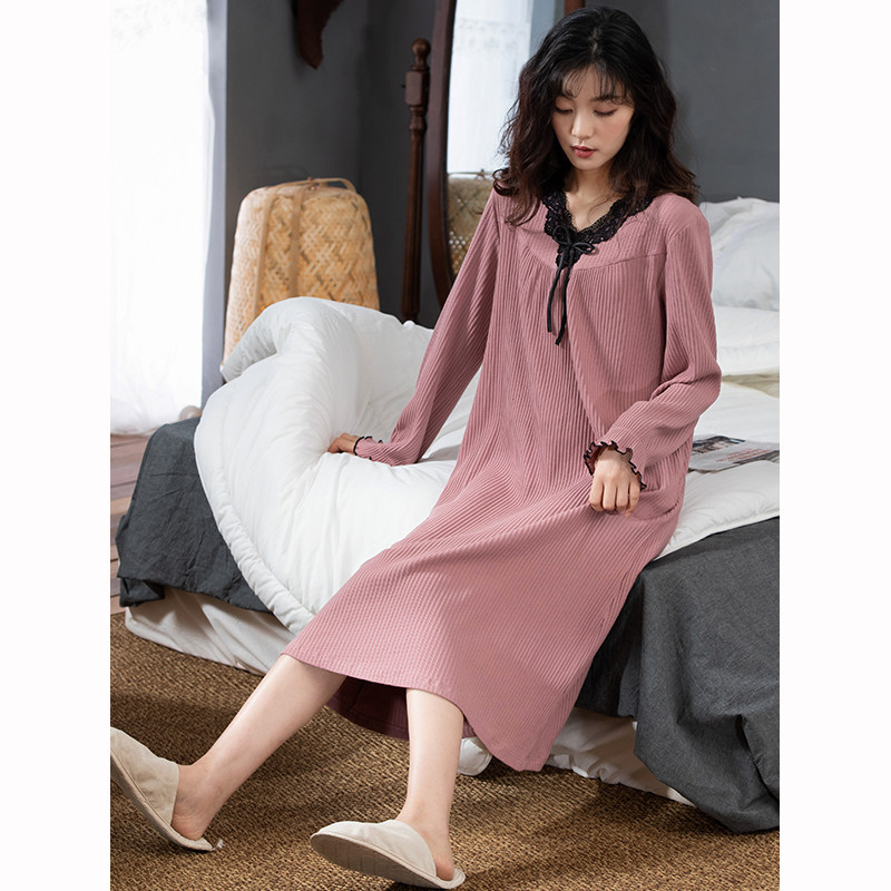 睡裙女士春秋纯棉长袖甜美连体家居服秋季时尚可外穿睡衣女款过膝