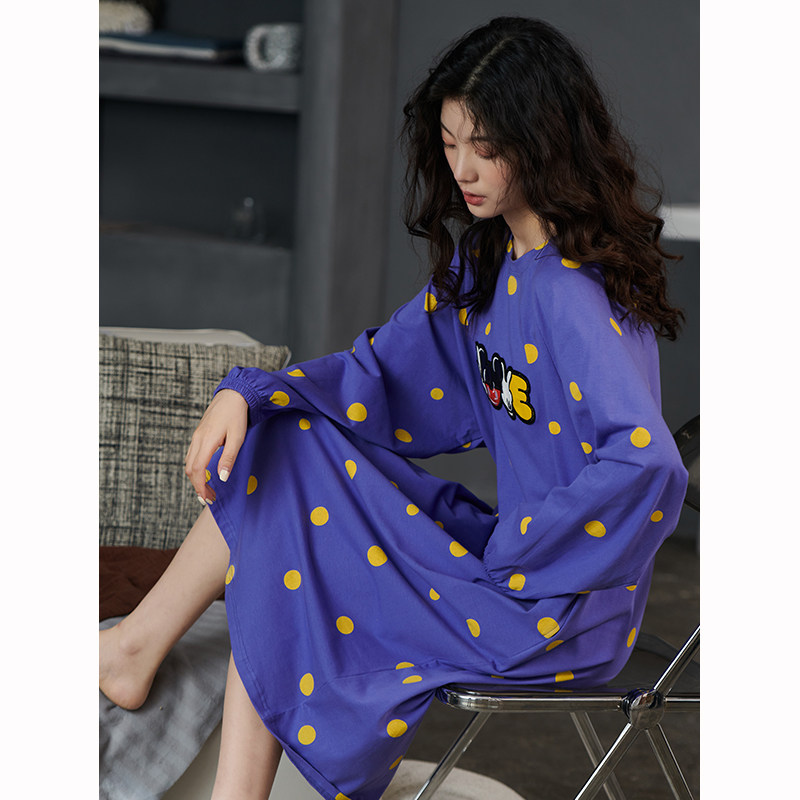 可外穿睡裙女春秋纯棉长袖休闲宽松连体家居服过膝长款睡衣连衣裙