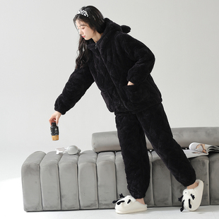 睡衣女冬季新品三层加厚珊瑚绒夹棉连帽拉链黑色可外穿家居服套装