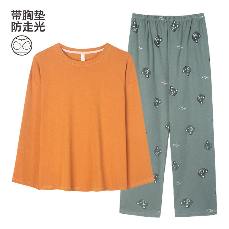睡衣女2024春秋季新款长袖纯棉套头卡通全棉秋天家居服套装带胸垫