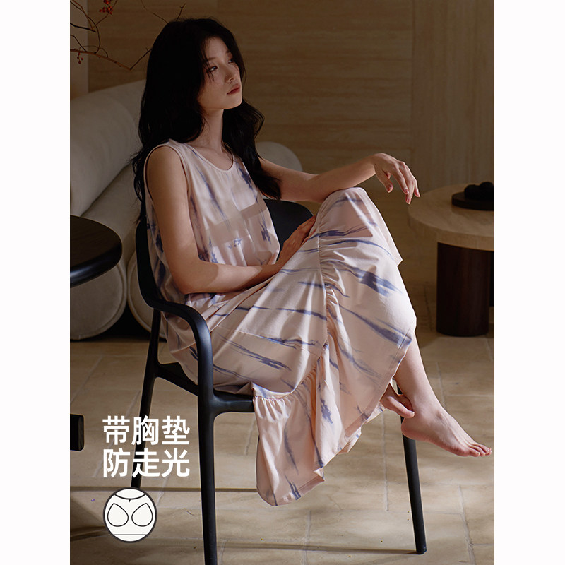 带胸垫睡裙女夏天新款无袖背心长款过膝莫代尔棉轻盈亲肤连体睡衣