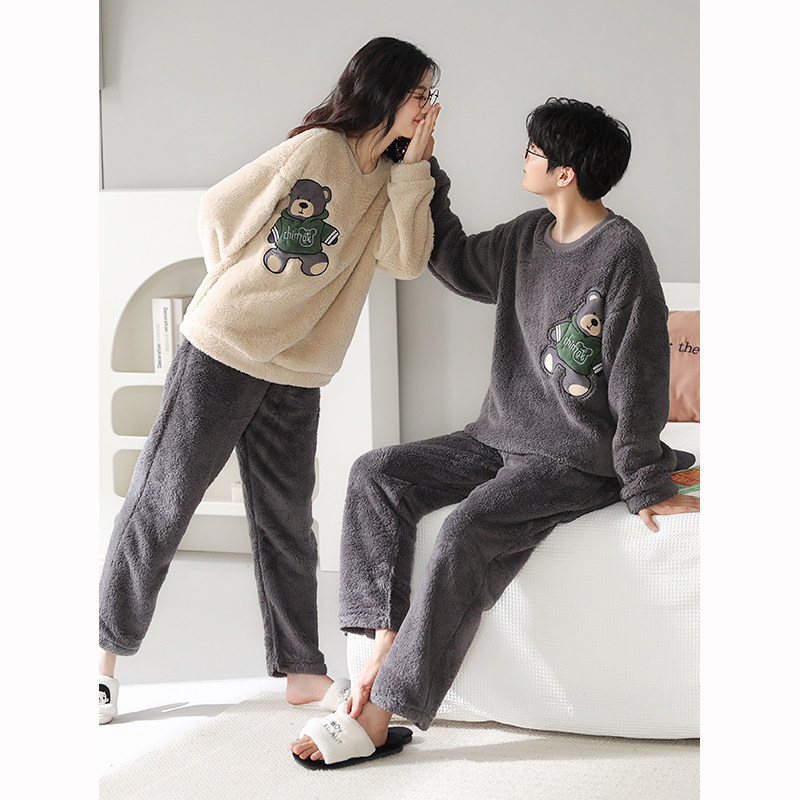 卡通可爱珊瑚绒睡衣女冬季加绒加厚男士家居服秋冬款可外穿套装女