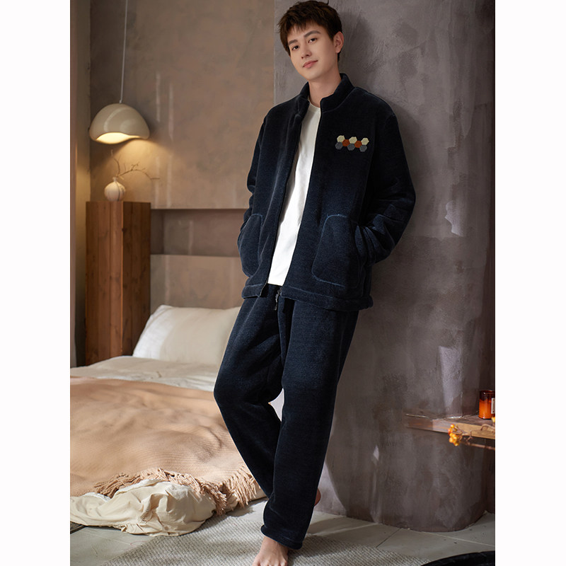 睡衣男士秋冬季新款一体绒珊瑚绒拉链加厚法兰绒家居服套装可外穿