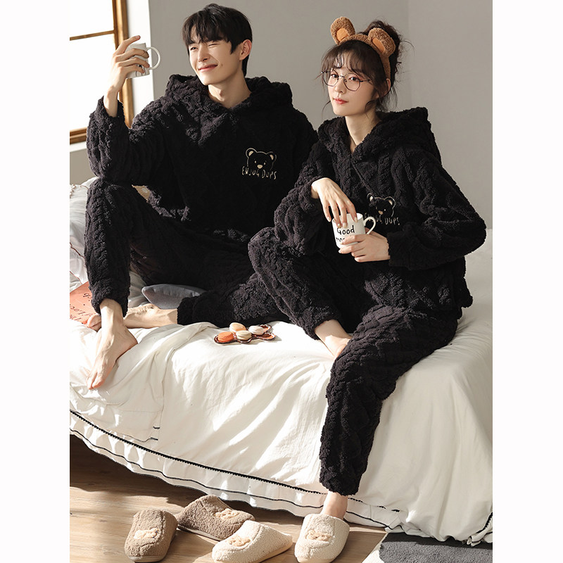 情侣睡衣秋冬季珊瑚绒提花黑色家居服男法兰绒套头连帽可爱套装女
