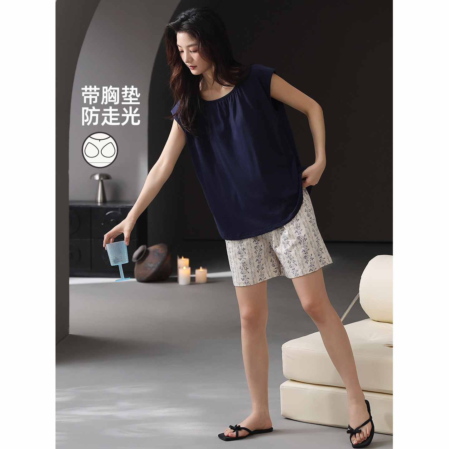 带胸垫睡衣女士夏季新款纯棉无袖短裤坎肩背心薄款全棉家居服套装